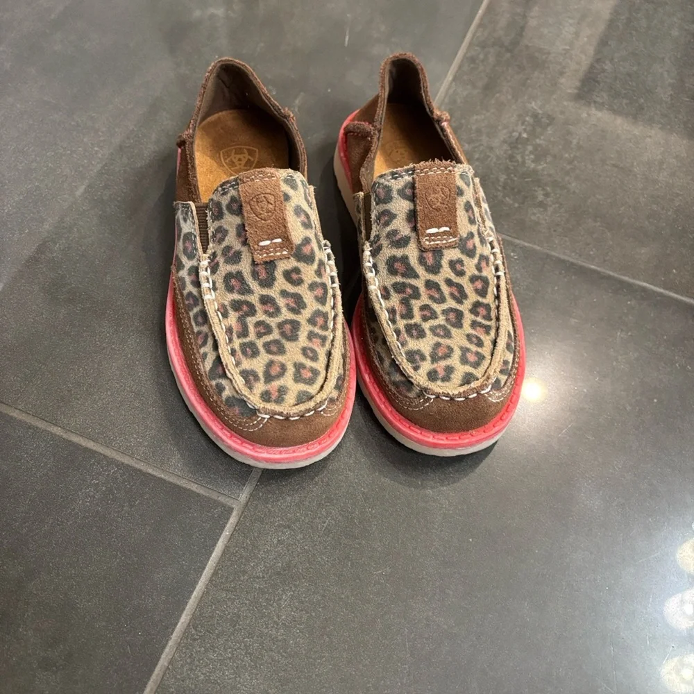 Ariat Kids Leopard Print Slip-On Shoes with Brown and Pink Accents